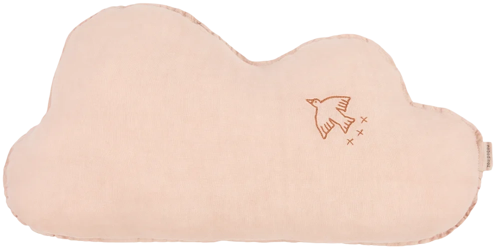 Cojín nube Lino frances lavado con bordado pajaro L1NO - Powder pink