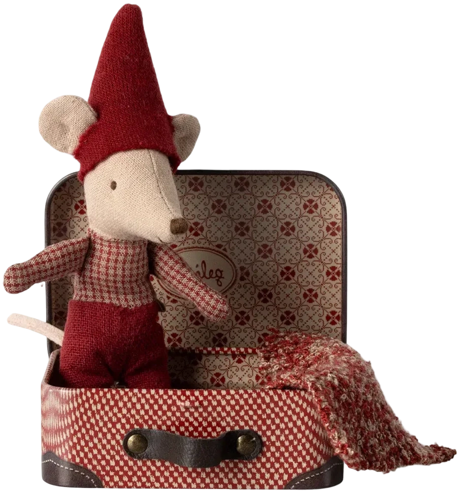 Christmas baby mouse in a suitcase