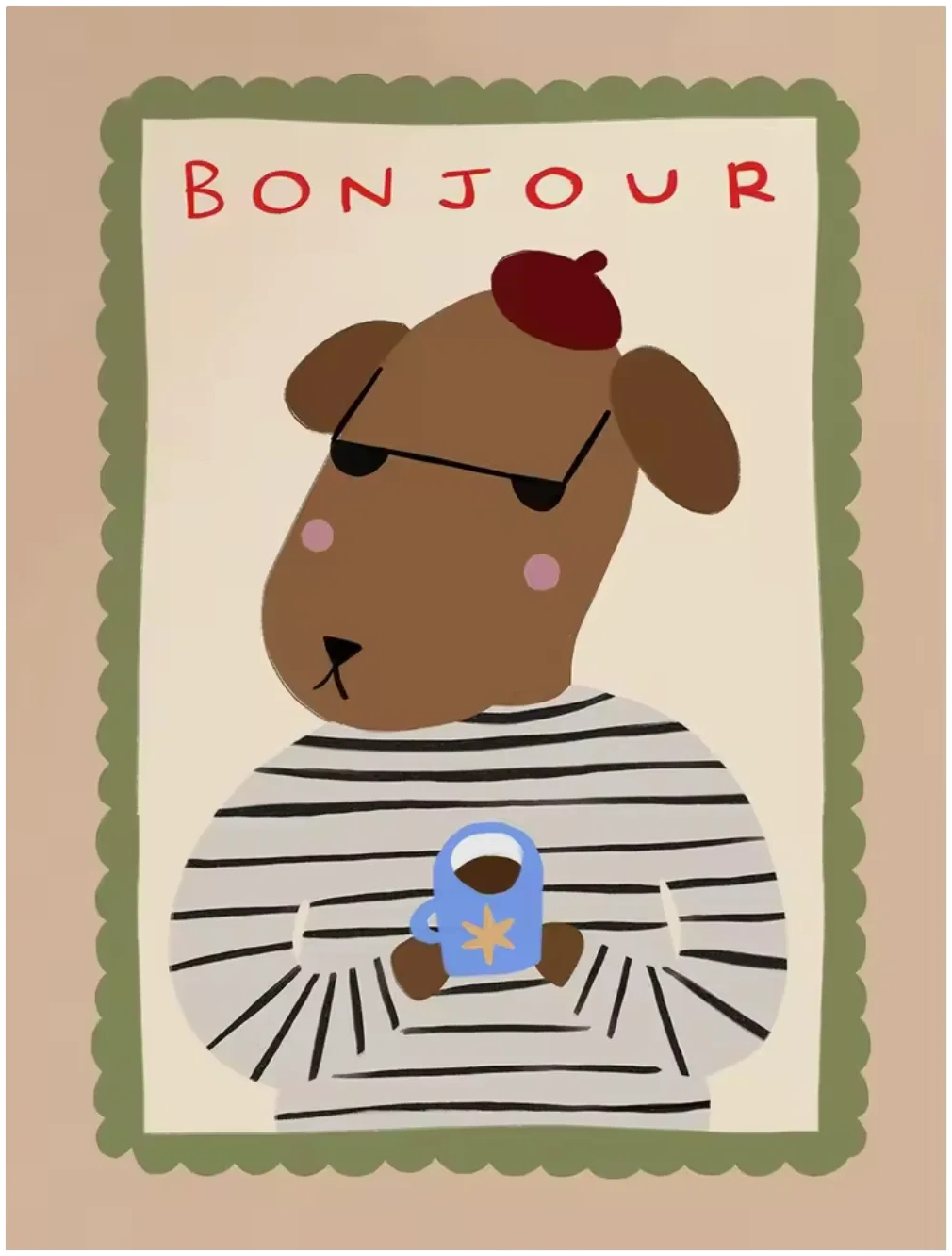 Lámina Bonjour con ilustración de un perro con boina y camiseta de rayas, vista de frente.