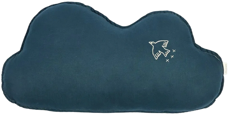 Cojín nube Lino frances lavado con bordado pajaro L1NO - Deep Blue